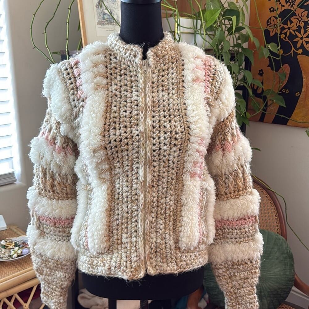Vintage 80s Le Sweater Hand Knit Zip Up Boho Hippie Sweater Jacket